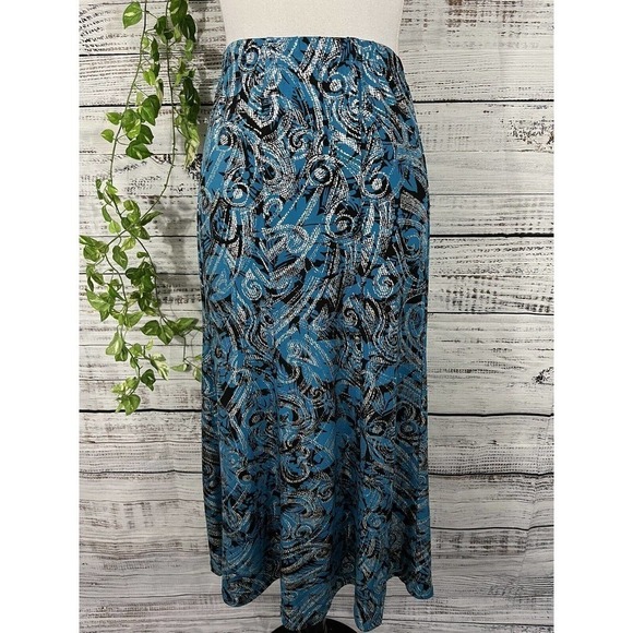 Anthony Skirt size Medium Blue Silver Black Swirls Long A Line Stretch Modest - Picture 2 of 12